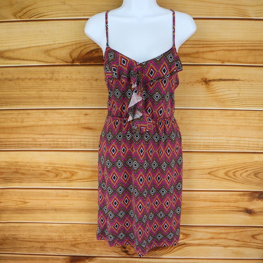Maurices Sundress Womens L Multicolor Geometric Stretch Ruffle‎ Spaghetti Straps